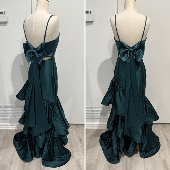 Dress the Population Clarice Tiered Ruffle Satin Gown in Pine Emerald Green - S - Picture 5 of 8